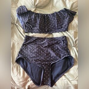 Polka Dot Ruffle Bikini Set - Navy